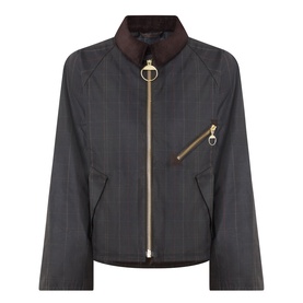 Barbour waxed cotton jacket in Shadow Classic, gold-tone zip and ring hardware, burgundy corduroy collar, cropped fit