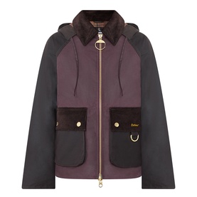 Barbour women's waxed cotton jacket in Rustic Bordeaux with contrast black sleeves, gold zip and hardware, velvet patch pockets and shearling collar