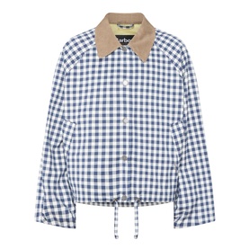 Barbour jacket in gingham navy and neutral, with tan corduroy collar, chest pockets, and drawstring hem
