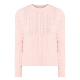 Barbour Ashdown Cable-Knit Sweater in Pink Blush, round neck, all-over cable-knit pattern, long sleeves, relaxed fit
