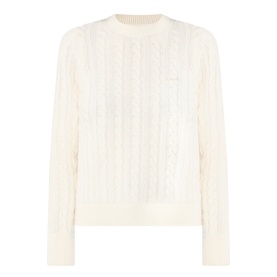 Barbour Ashdown Cable-Knit Sweater in ecru, round neck, cable-knit pattern, long sleeves with embroidered logo detail