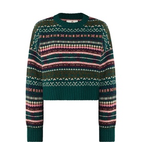 Barbour Olive Multi fair isle wool jumper with multicolour stripe pattern, crew neck, and ribbed cuffs and hem