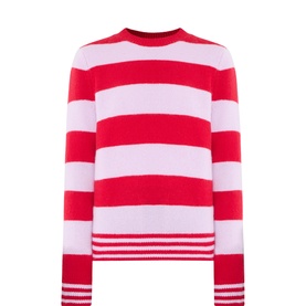 Barbour crimson multi striped wool-cashmere crew neck jumper with bold red and pink horizontal stripes and ribbed cuffs and hem.