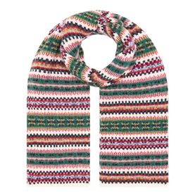 Barbour multi-coloured wool scarf with Fair Isle-style stripe pattern in green, red, pink and cream