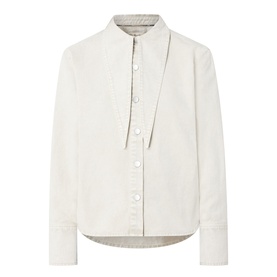 Barbour Harleigh Tie-Neck Denim Shirt in Washed Birch, long sleeves, elongated collar with tie fastening, front button placket, curved hem