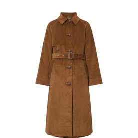 Barbour tan corduroy belted trench coat with point collar, front button fastening, and leather belt buckle detail
