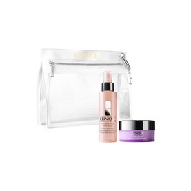 Clinique skincare set with facial mist, cream jar, and clear zip pouch, presented as a gift value set