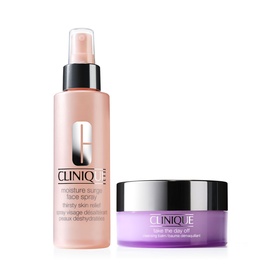 Clinique skincare set featuring a large face mist spray bottle and a small round cleansing balm pot in lilac packaging