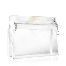 Clinique clear zip-top cosmetic pouch with white trim, silver zipper and hardware, gold Clinique branding on front