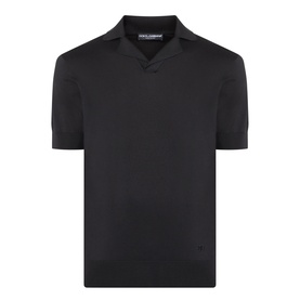 Dolce & Gabbana black silk knit polo shirt with open collar and short sleeves