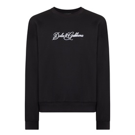 Dolce & Gabbana Logo Graphic Sweatshirt in black, crew neck with contrast cursive logo embroidery across chest, ribbed trims