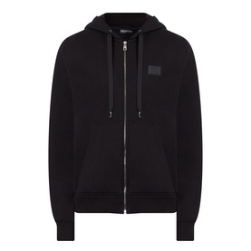 Dolce & Gabbana Logo Plate Hoodie in black, zip-through, drawstring hood, logo plate at chest, ribbed cuffs and hem