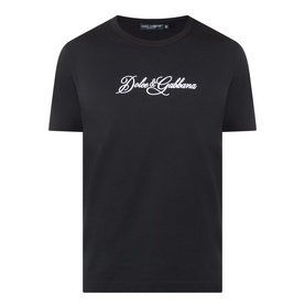 Dolce & Gabbana Script Logo T-Shirt in black cotton with crew neck, short sleeves, and white script logo print at chest.