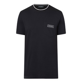 Dolce & Gabbana black cotton T-shirt with white tipping at crew neck and sleeves, small logo patch on chest pocket.
