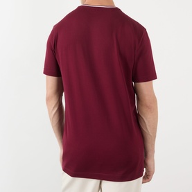 Model wearing Dolce & Gabbana Tipped Logo T-Shirt in Bordeaux, back view showing round neckline with tipped detail and straight hemline.
