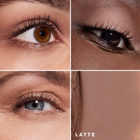 Est&eacute;e Lauder The Essential Eyeshadow Stick in Latte, shown on three different skin tones with a swatch of the warm brown shade.