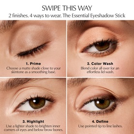 Estee Lauder The Essential Eyeshadow Stick in Espresso: four-step tutorial showing Prime, Color Wash, Highlight, and Define techniques.