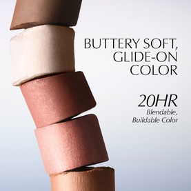 Est&eacute;e Lauder The Essential Eyeshadow Stick in Espresso, stacked with neutral and rose shades, shown with 20HR blendable colour claim.