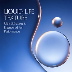 Est&eacute;e Lauder Advanced Night Repair Recovery Treatment Lotion liquid-life texture visual showing ultra-lightweight serum droplets on blue background.
