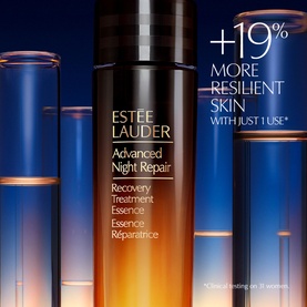 Estee Lauder Advanced Night Repair Recovery Treatment Essence in dark amber bottle with blue laboratory vials backdrop and +19% resilient skin claim.