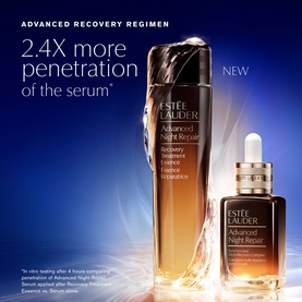 Est&eacute;e Lauder Advanced Night Repair Recovery Treatment Lotion and serum duo, dark amber bottles on blue background with campaign text