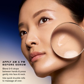 Estee Lauder Advanced Night Repair Recovery Treatment Lotion shown via magnified drop on model's skin, with AM & PM application guide