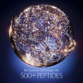 Estee Lauder Advanced Night Repair Recovery Treatment Lotion, Bio-Exosome Technology visual with 500+ peptides highlighted in glowing sphere