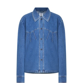 Farah Vintage Arlington Denim Shirt in mid wash blue with point collar, tobacco stitching, dropped shoulders, and front button fastening