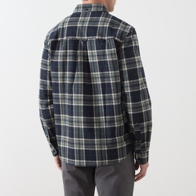 Model wearing Farah Vintage Casual Shirt in Rosemary green navy plaid check, 100% cotton, long sleeve, rear view, styled with grey trousers
