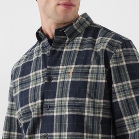 Model wearing Farah Vintage Casual Shirt in Rosemary navy check, featuring button-down collar and gold logo embroidery, 100% cotton.