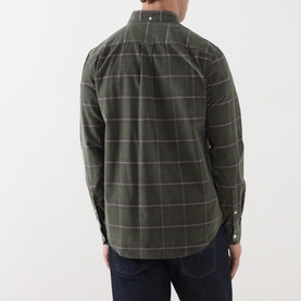 Model wearing Farah Vintage Casual Shirt in Rosemary green, back view, windowpane check cotton, styled with dark navy trousers