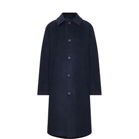 Farah Vintage Chaffee Melton Overcoat in navy, tailored collar, single-breasted button fastening, straight hem, longline silhouette
