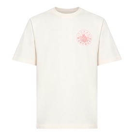 Farah Vintage Crew Neck T-shirt in ecru with pink circular graphic print on chest, short sleeves, relaxed fit