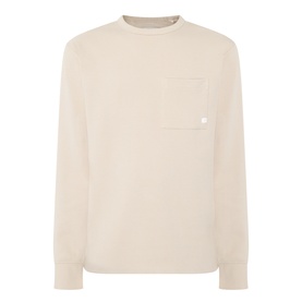 Farah Vintage Crew Neck T in Putty, long-sleeve cotton sweatshirt with chest patch pocket and snap button detail