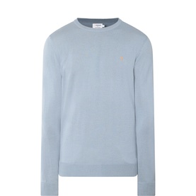 Farah Vintage Mullen Logo Sweater in blue, fine knit crew neck with embroidered chest logo and ribbed trims