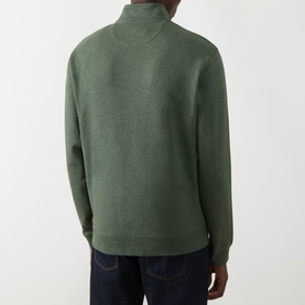 Model wearing Farah Vintage Rosemary Marl cotton half zip sweatshirt, shown from the back, styled with dark navy jeans.