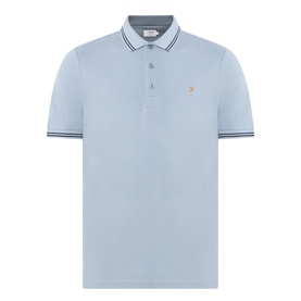 Farah Vintage polo shirt in Icelandic Blue, short sleeves with navy tipped cuffs and collar, three-button placket, embroidered logo