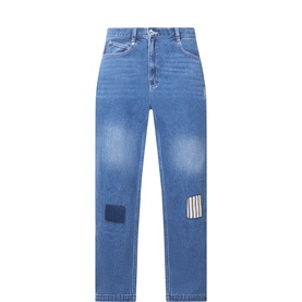 Farah Vintage Mid Wash straight jeans with contrast patch detailing on the knee, faded finish and classic five-pocket design