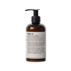 Le Labo Rose 31 Perfuming Body Lotion in amber glass pump bottle with black cap and label detailing