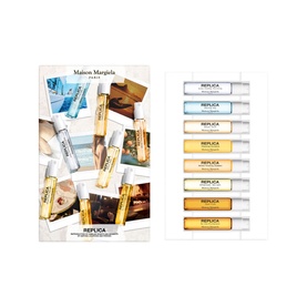 Maison Margiela Replica Memory Box Fragrance Layering Set with branded outer box and 8 miniature fragrance vials in gold and silver tones