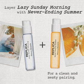 Maison Margiela Replica Lazy Sunday Morning and Never-Ending Summer travel spray duo, styled as a clean and zesty fragrance pairing