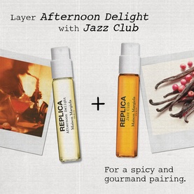Maison Margiela REPLICA Afternoon Delight and Jazz Club fragrance vials shown as a layering pairing for a spicy, gourmand scent combination.