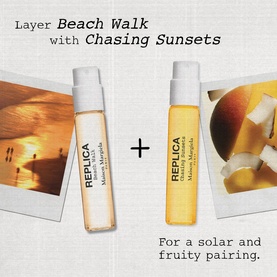 Maison Margiela REPLICA Beach Walk and Chasing Sunsets fragrance vials shown as a layering duo for a solar and fruity pairing.