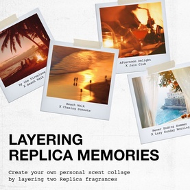 Replica fragrance layering campaign showing four Polaroid lifestyle images: Beach Walk, Afternoon Delight, By the Fireplace, and Never Ending Sunday
