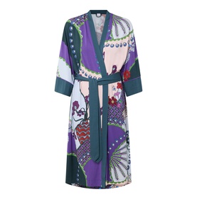 Mey Kimono in Mystic Jade with purple and teal fan print, belted waist, and elbow-length sleeves