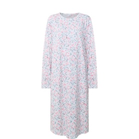 Mey pink floral print long-sleeve cotton night dress with crew neck and relaxed midi-length silhouette