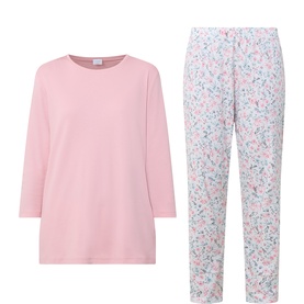 Mey pink cotton pyjama set with plain 3/4-sleeve top and floral print trousers