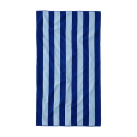 Misona Beach Towel Navy Sky, navy and light blue vertical cabana stripes, 100% cotton, laid flat