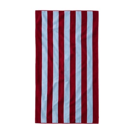 Misona Beach Towel Red Sky, bold red and light blue vertical stripes, 100% cotton jacquard beach towel, flat lay view