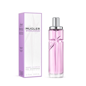Mugler Starlicious Berry Licorice Eau Gourmande body mist with lilac box, clear pink bottle with bow detail